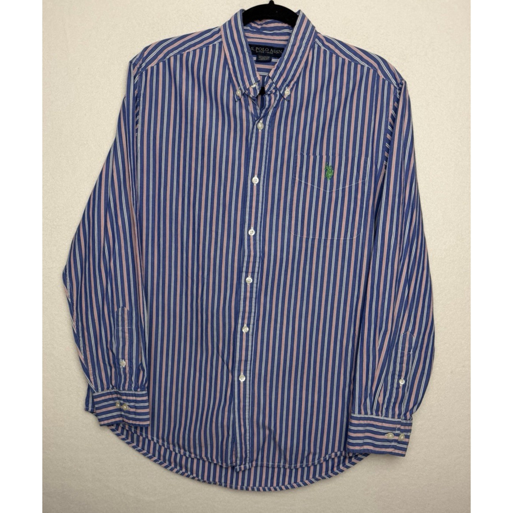 US Polo Assn. Men's Long Sleeve Button Up Blue Orange White Striped Size Large